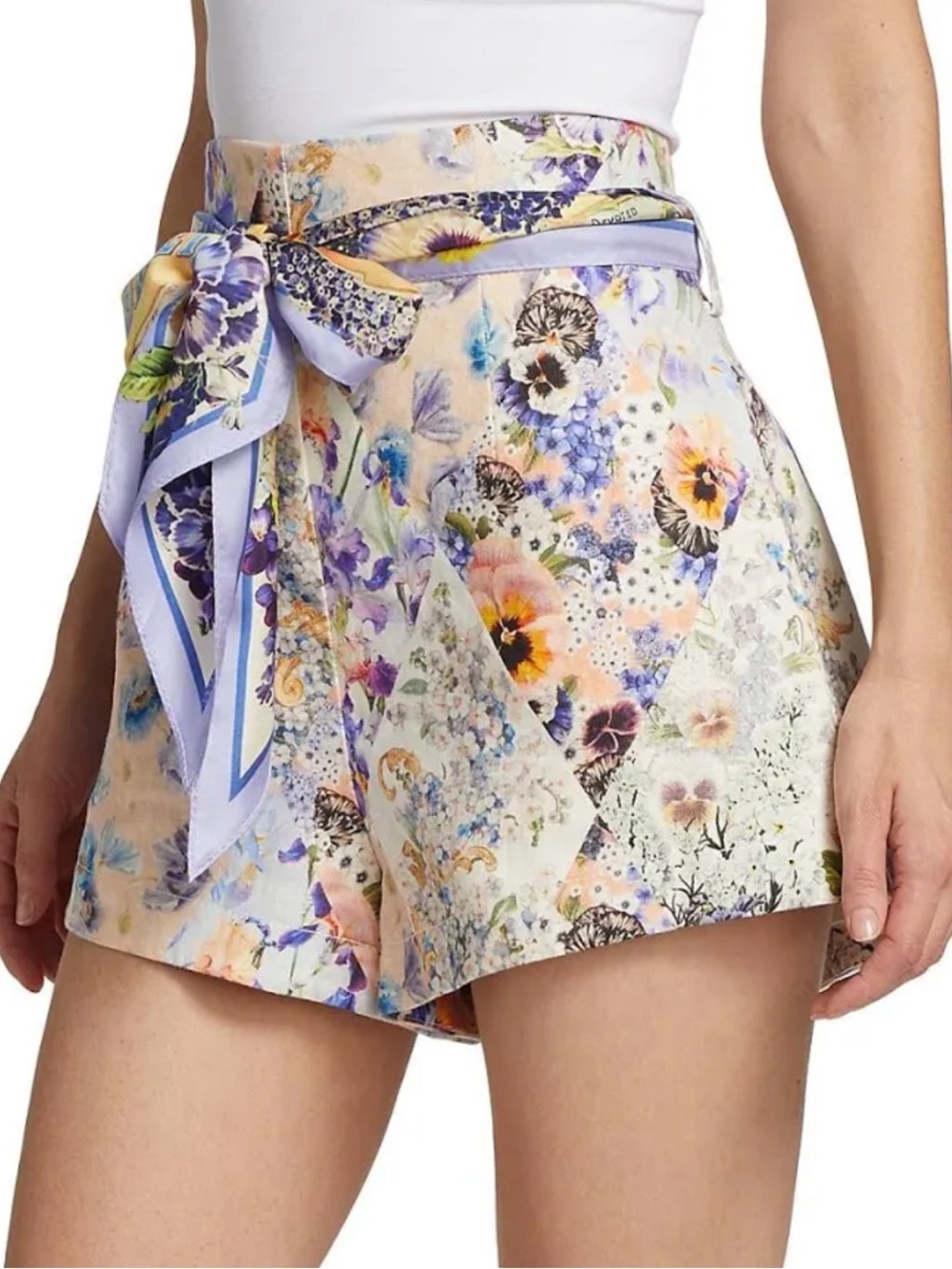 ZIMMERMANN | Linen Tama Belted Floral Shorts with Silk Tie | 10